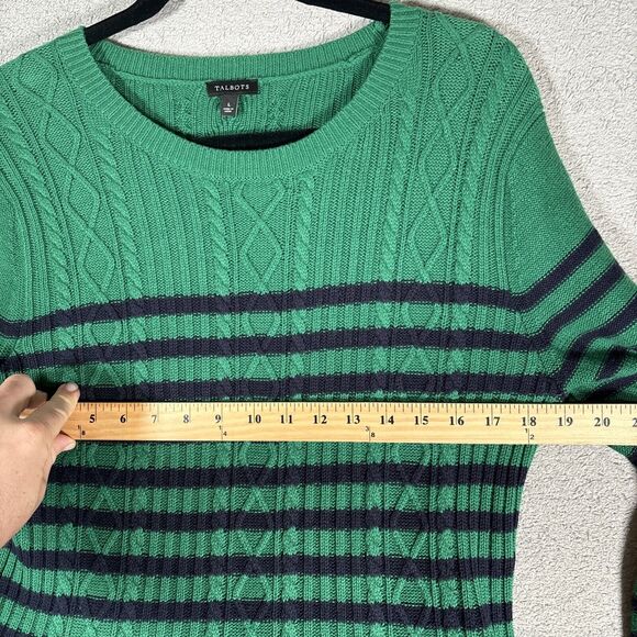 Talbots Peplum Sweater Womens L Green Black Stripe Top Casual Cotton 5% Cashmere - Picture 7 of 11